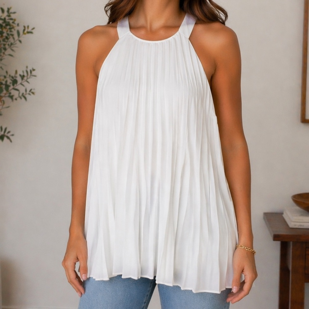Vince Camuto White Pleated Halter Sleeveless Blouse XS